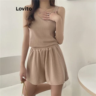 Lovito Conjuntos de shorts casuais com estrutura lisa para mulheres LNE73200