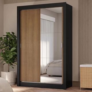 Guarda-Roupa Solteiro 2 Portas de Correr com Espelho 4 Gavetas Preto/Rustic Vivare Plus Madesa em Oferta na Shopee