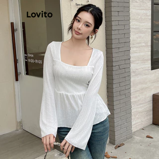 Lovito Camiseta casual lisa com babados e bainha para mulheres L99ED103
