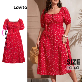 Lovito Vestido feminino plus size curvo casual Ditsy floral com renda LBL15495