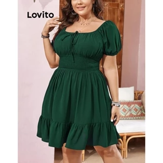 Lovito Vestido Plus Size Curve Elegante Simples Smocked Ruffle Lace Up para Mulheres LNL79337