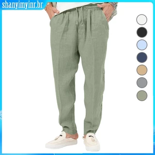 Calça Casual Masculina De Linho E Algodão Folgada Reta