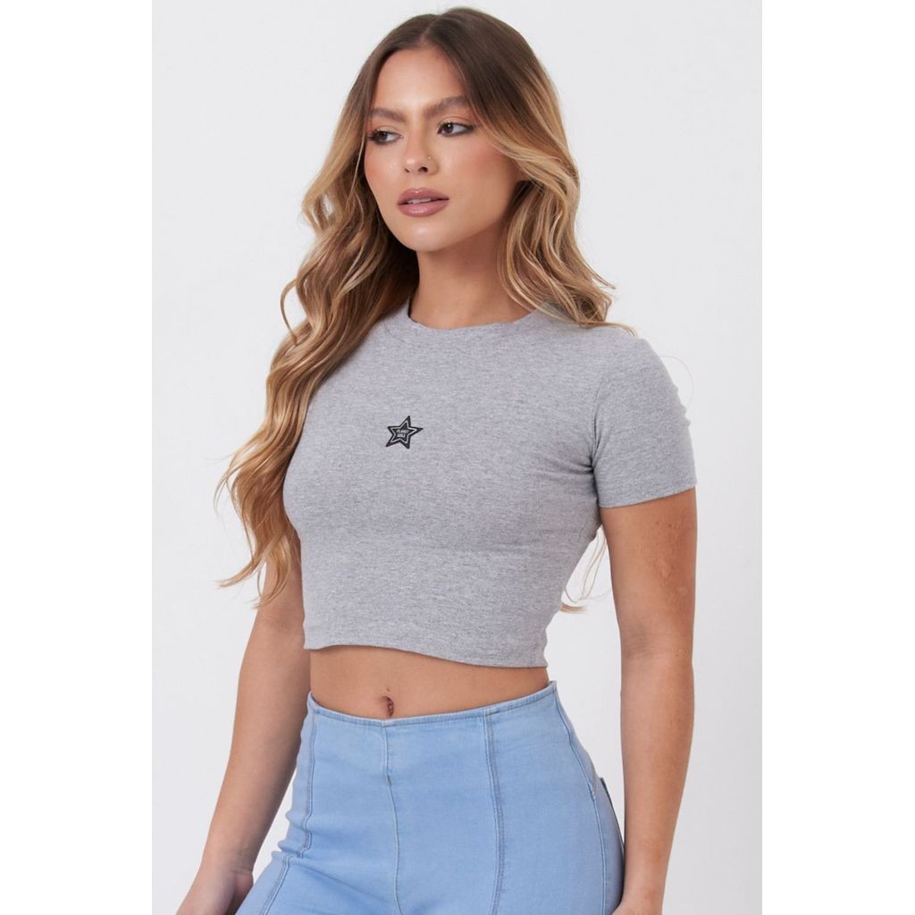 Cropped Feminino em Malha Com Estrela Planet Girls Mescla