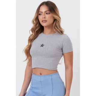 Cropped Feminino em Malha Com Estrela Planet Girls Mescla