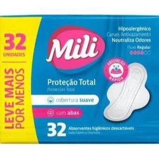 ABSORVENTE PROTEÇÃO TOTAL MILI ALOE VERA COBERTURA SUAVE COM ABAS 32 UNIDADES em Oferta na Shopee