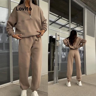 Lovito Conjuntos de calças casuais com estrutura de zíper liso para mulheres LNL67013