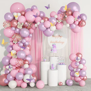 143PCS Balão Borboleta Garland Arch Kit Balões Rosa Decorações Festa De Látex Púrpura Rose Gold Confetti Conjunto De Cromados Para Decoração De Casamento De Aniversário