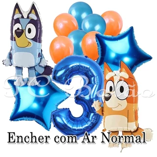 Kit 12 Balão Metalizado 2 BLUEY E BINGO + Bexiga 4 LARANJA 3 AZUL + N° 70cm AZUL + 2 Estrela AZUL