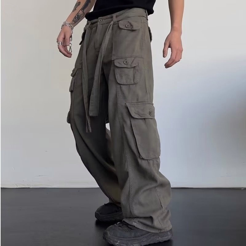 Calças Cargo Masculinas Soltas Perna Larga Multi-bolsos