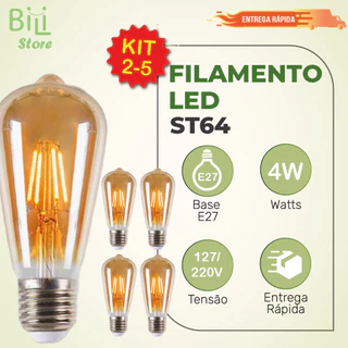 Kit 5 Lâmpada Filamento LED ST64 E27 4W LUZ QUENTE (AMARELO) Âmbar Retrô Vintage 110V~220V | Bivolt