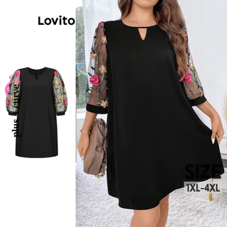 Lovito Vestido feminino com costura em tecido bordado simples e curva plus size LBL15491