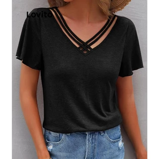 Lovito Camiseta casual lisa cruzada para mulheres LNL75482