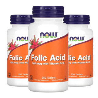 Kit 3x Ácido Fólico e Vitamina B12 800mcg Now Foods 250Tabs/Made in Usa