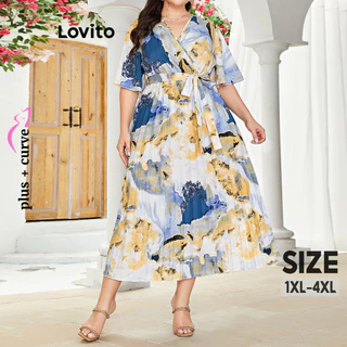 Lovito Vestido colorblock plissado floral elegante plus size para mulheres LNL77065