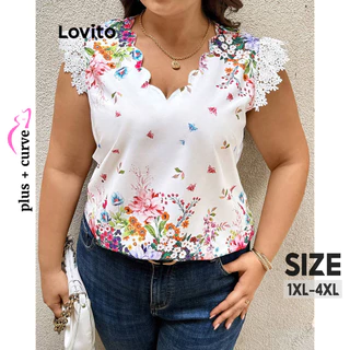 Lovito Blusa casual feminina com costura em tecido de renda borboleta plus size LBL16465