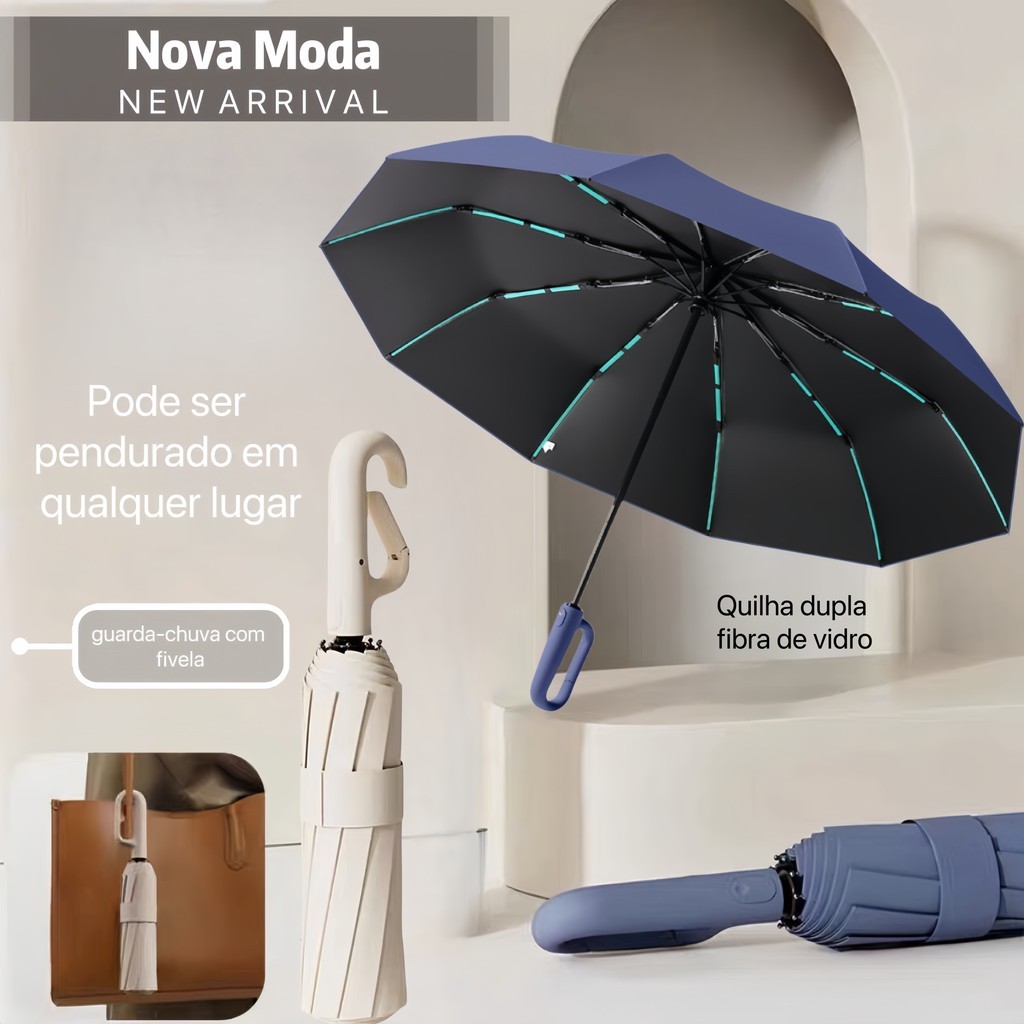 Nova Guarda Chuva Automático com fivela Abre E Fecha Reforçado Contra Vento Proteção Solar Blackout