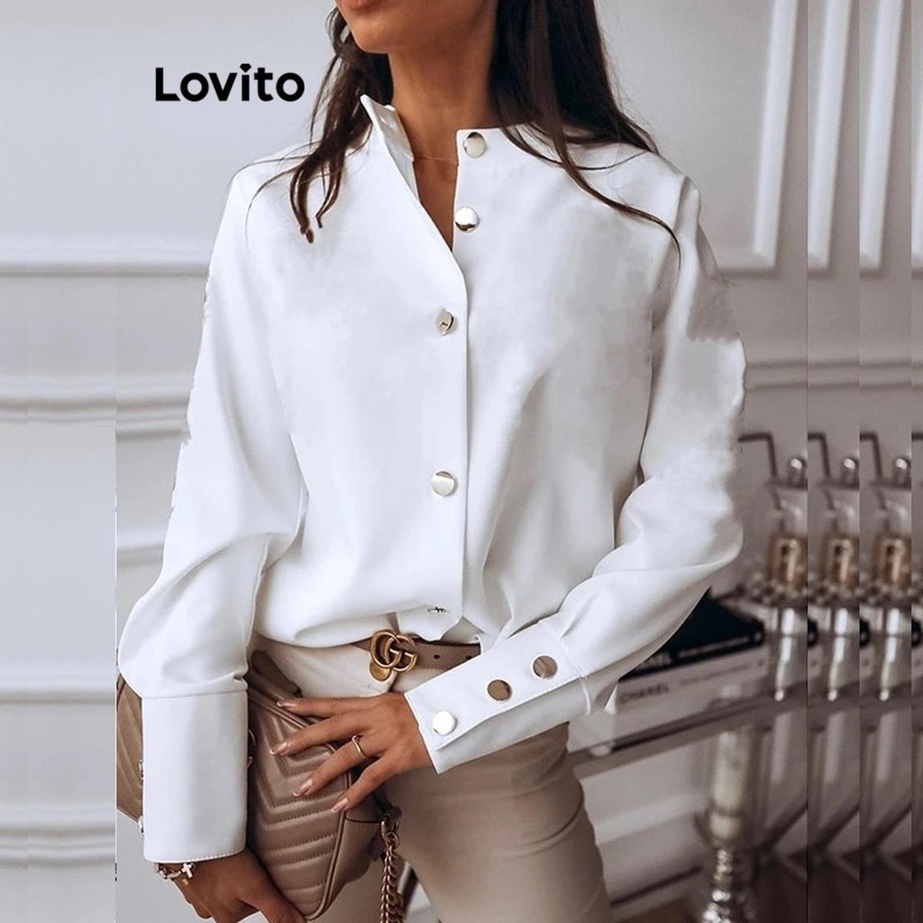 Lovito Blusa Feminina Plus Size Curze Casual Com Bot O Frontal Liso Lnl Shopee Brasil