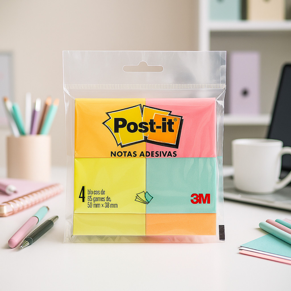 Bloco de Notas Adesivas Post‑it 4 Cores Neon 38×50 mm 4 blocos | Shopee ...