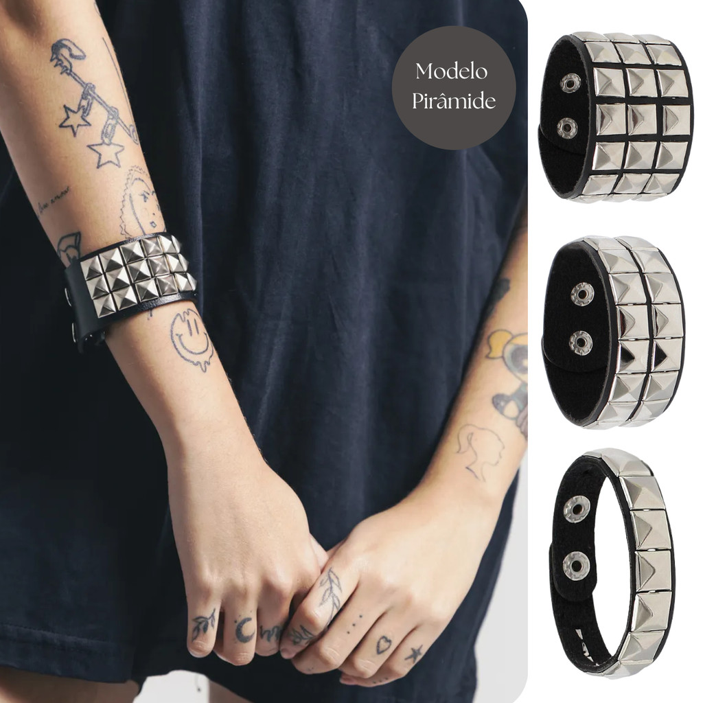 Pulseira Bracelete Punk Rock de Couro Sintético, pirâmide prata luxo unissex gótica alternativa