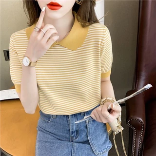 Camiseta De Manga Curta Listrada Para A Versão Coreana Da Moda Feminina