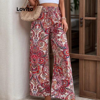 Lovito Boho Tribal Print Smocked Padrão Calças para mulheres LNL55009