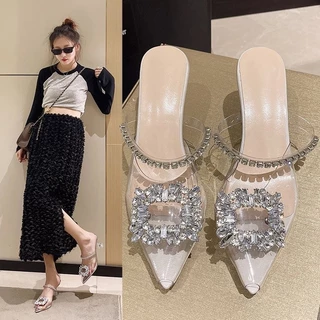 Baotou Half-Slip Outer Shoes Sandálias de Rhinestone Sandálias Transparentes Stiletto Crystal High Heels