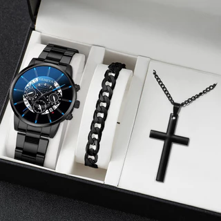 Relógio de Genebra Pulseira de Aço Fashion Steel Band Pulseira de Quartzo +Cross Necklace