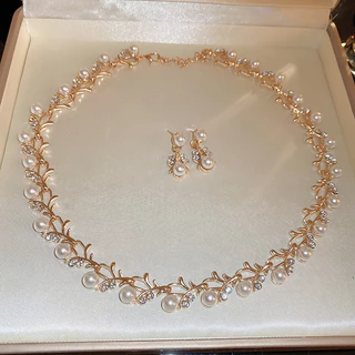 DREJEW Colar e Brincos de Pérolas Diamond-encrusted Europeu e Americano Jóias de Moda Retro