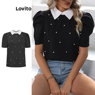 Lovito Blusa elegante com costura em tecido de pérolas lisas para mulheres LBL16543