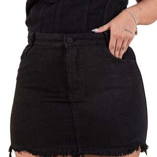 Saia Jeans Preta Plus Size Barra Desfiada Cintura Alta