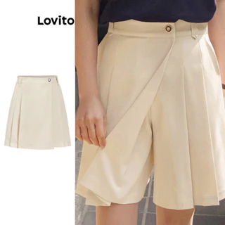 Lovito Casual Simples Botão Plissado Short para Mulheres L100MD419