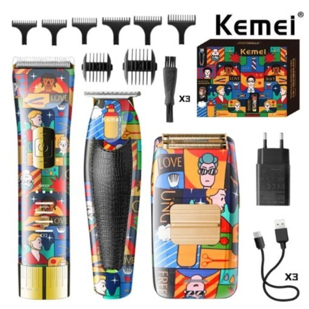 Maquina de Cortar Cabelo Profissional Kemei KIT 3 In 1 (KM1102H/KM