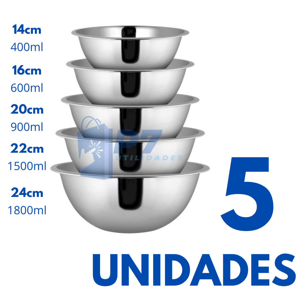 Jogo de Bowl Inox 5 Peças Tigela Inox Empilhável 14cm 16cm 20cm 22cm ...