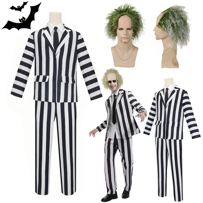 Anime Cosplay Besouro Suco Masculino Preto E Branco Listrado Terno Assustador Trajes De Halloween Peruca Gravata Camisa Para Festa