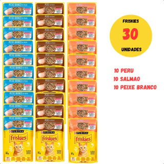 COMBO 30 SACHÊS FRISKIES 85G RAÇÃO PARA GATOS 3 SABORES PERU - PEIXE BRANCO - SALMAO