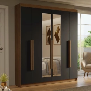 Guarda-Roupa Casal 6 Portas Batentes com Espelho Rustic/Preto/Rustic Saturno Madesa em Oferta na Shopee