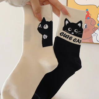 Meias De Gatinhos De Desenho Animado Tubo Médio Em Algodão Puro De Primavera E Outono Brancas De Verão Longas