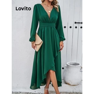 Lovito Vestido elegante liso assimétrico para mulheres LNL54194