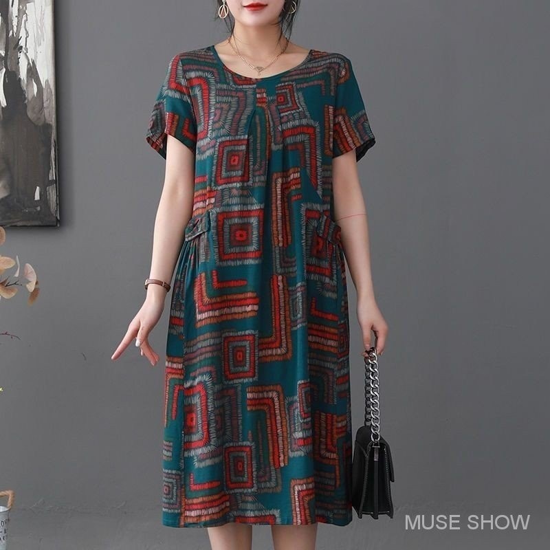 Vestido de meia-idade feminino de meia-idade e idosos high-end mãe moda vestido de seda de algodão fino saia de manga curta saia de fada ocidental saia de verão de meia-idade e idosos vestido de verão Slim vestido feminino vestido de algodão artificial ve