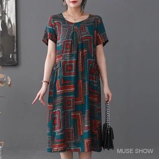 Vestido de meia-idade feminino de meia-idade e idosos high-end mãe moda vestido de seda de algodão fino saia de manga curta saia de fada ocidental saia de verão de meia-idade e idosos vestido de verão Slim vestido feminino vestido de algodão artificial ve