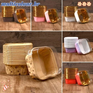 MULTICOLOUR 50Pcs Muffin Cupcake , Copos De Papel De Bandeja Quadrada Para Festas , Decoração De Bolos De Aniversário Cartas Marrons Forro De Dourado