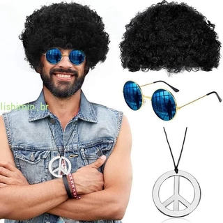 WFF Adulto Peruca Hippie Óculos De Sol Para A Paz Sinais Colar 70 s Festa Temática Carnaval Ou Set Halloween Hipster Cosplay Trajes