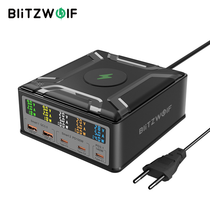 BlitzWolf ® BW-S28 260W 5 Portas USB PD Display Digital 140W PD3.1 PPS Carregador Rápido 2USB-A + 3USB-C Com Sem Fio De 15W Estação De Carregamento De Mesa EU Plug