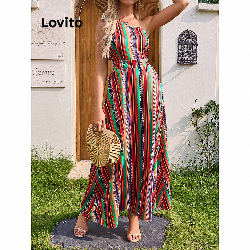 Lovito Vestido elegante listrado assimétrico com laço nas costas para mulheres LBL15397