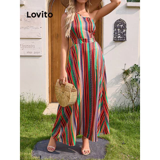 Lovito Vestido elegante listrado assimétrico com laço nas costas para mulheres LBL15397