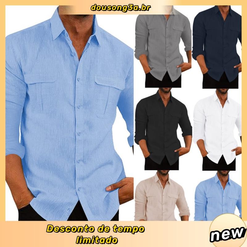 Homens Amil Estilo Militar Verão Praia Férias de Manga Curta Blusa Oversized Com 2 Bolsos Lisa Cor LNZ7
