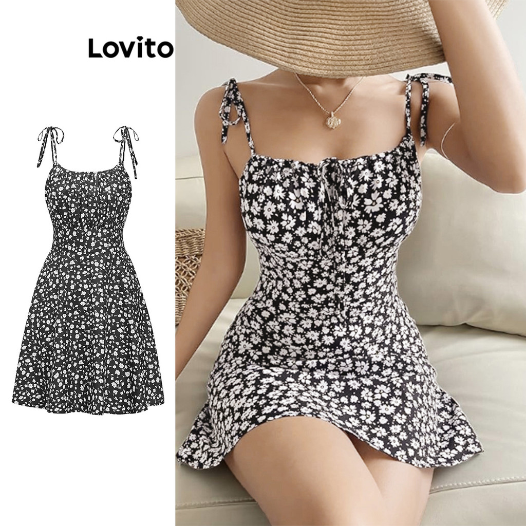 Lovito Vestido Boho Ditsy floral com renda para mulheres L95ED012