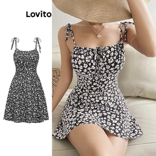 Lovito Vestido Boho Ditsy floral com renda para mulheres L95ED012