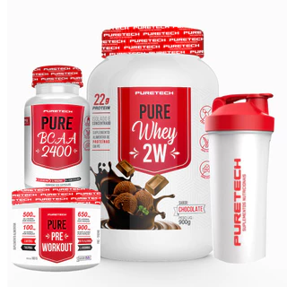 Kit Whey Pure 2W 900g + BCAA 2400 120 Cáps + Pré-treino 100g + Coqueteleira 600ml - PureTech em Oferta na Shopee