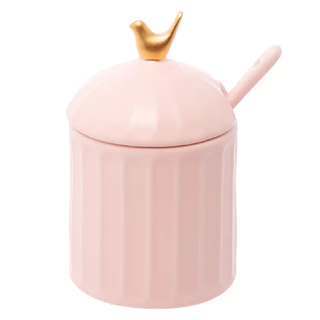 Açucareiro Porta Açucar de Cerâmica com Colher e Tampa Rosa Birds Wolff Mesa Posta Passarinhos Meleira Cantinho do Café